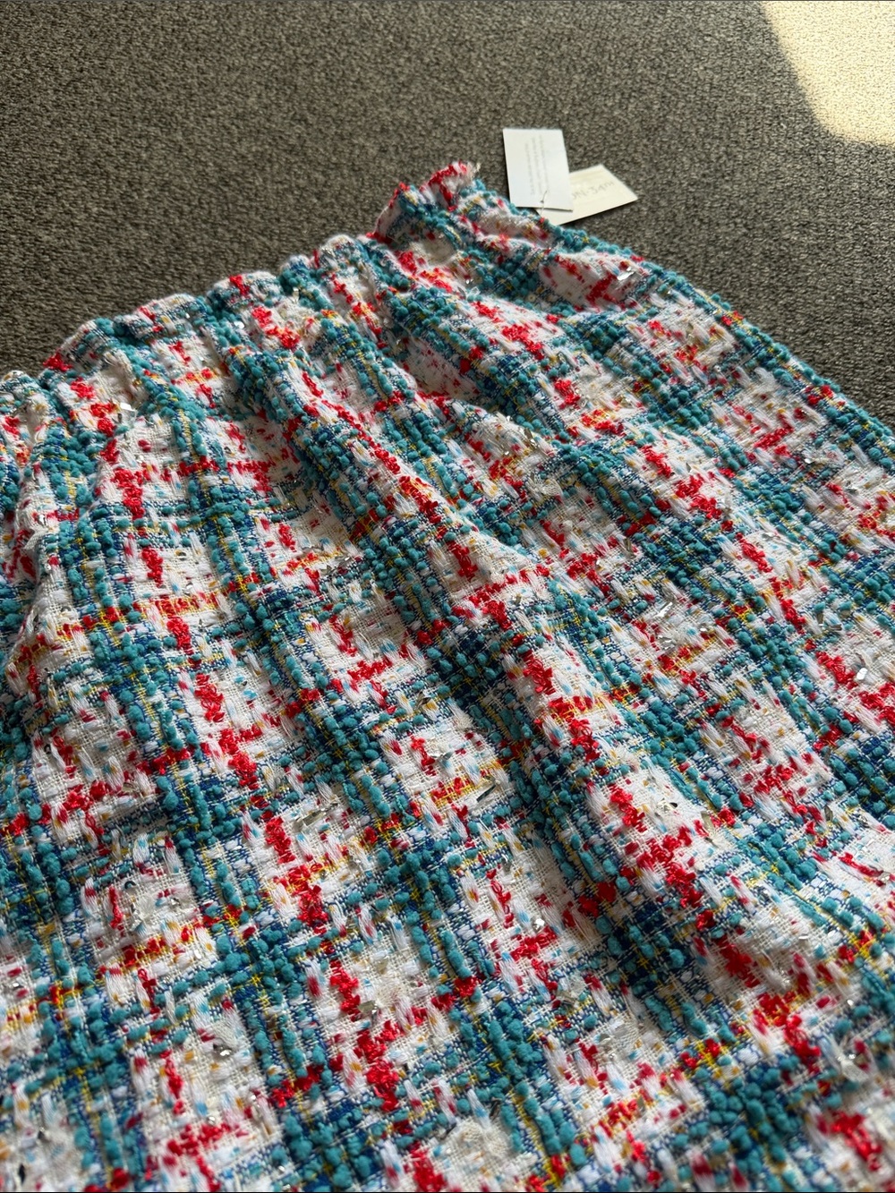 Textured Tweed A-Line Skirt in White, Teal & Red